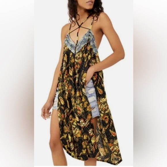 Free People Bohemian Garden Party Cotton Blend Knit Dress In Black Combo S L G#3 - Picture 3 of 16